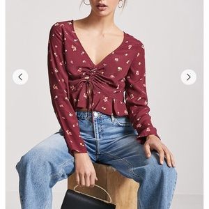 Forever 21 Floral Ruched Draped Blouse Top